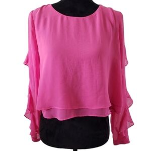 Bisou Bisou Barbie Pink Ruffle Sleeves Chiffon Crop Top Size XS